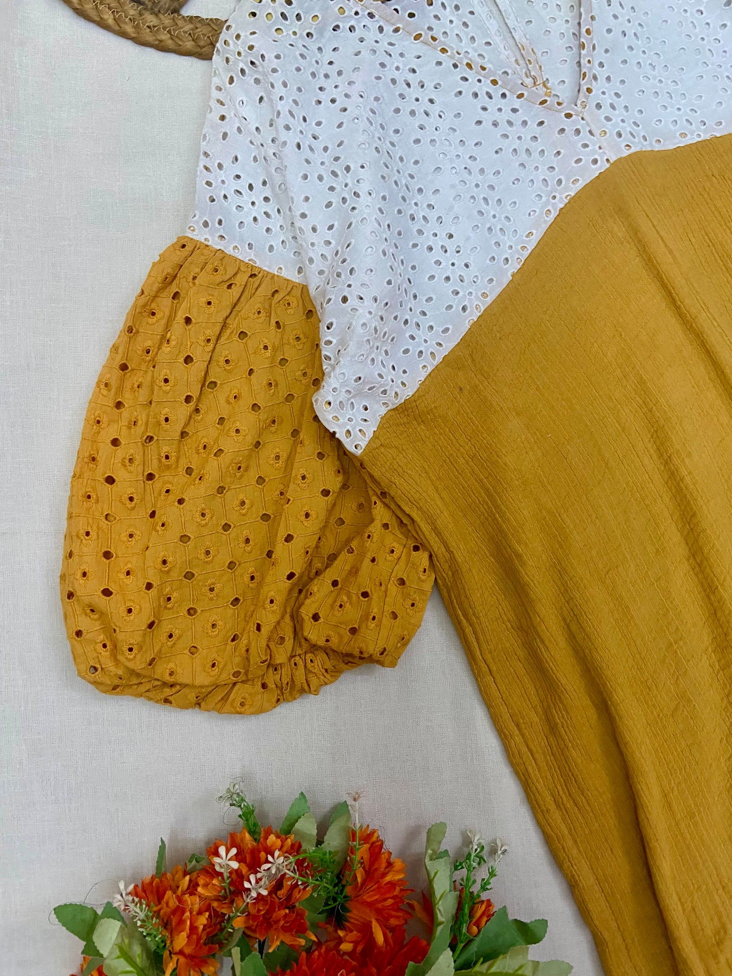 Women’s Mustard Yellow & White Cotton Top with Puff Sleeves