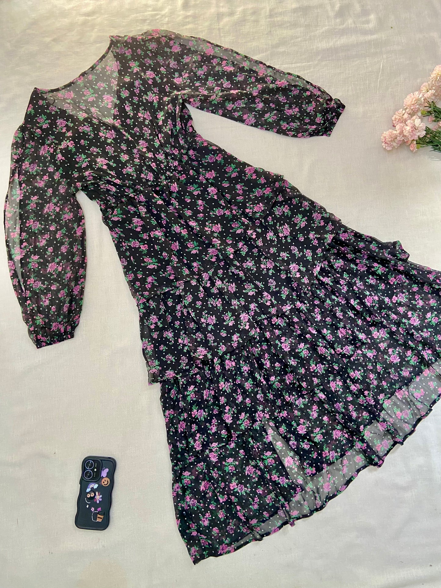 Black Floral Chiffon Midi Dress with Long Sleeves
