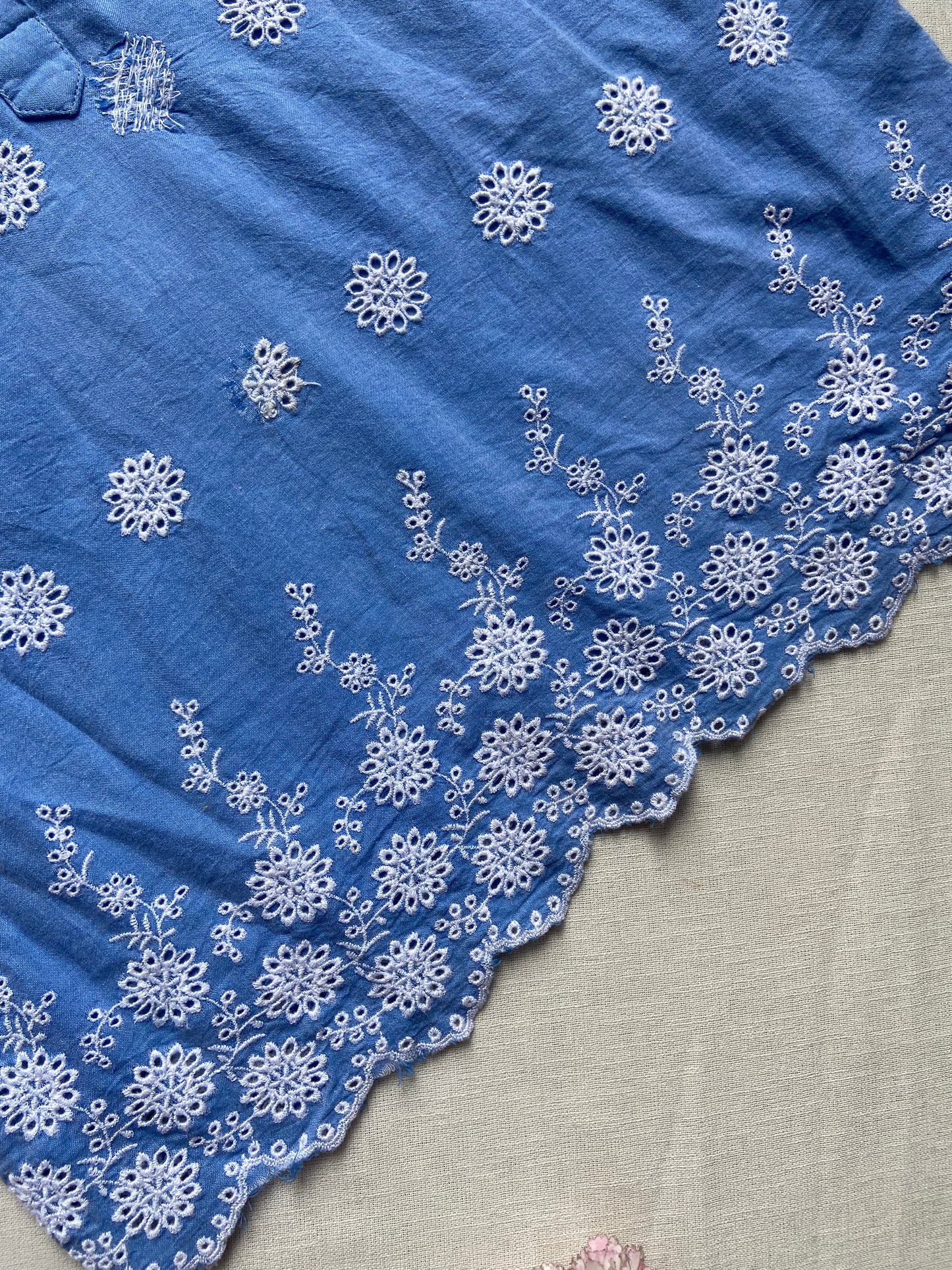 Sky Blue Embroidered Cotton Top with Puff Sleeves