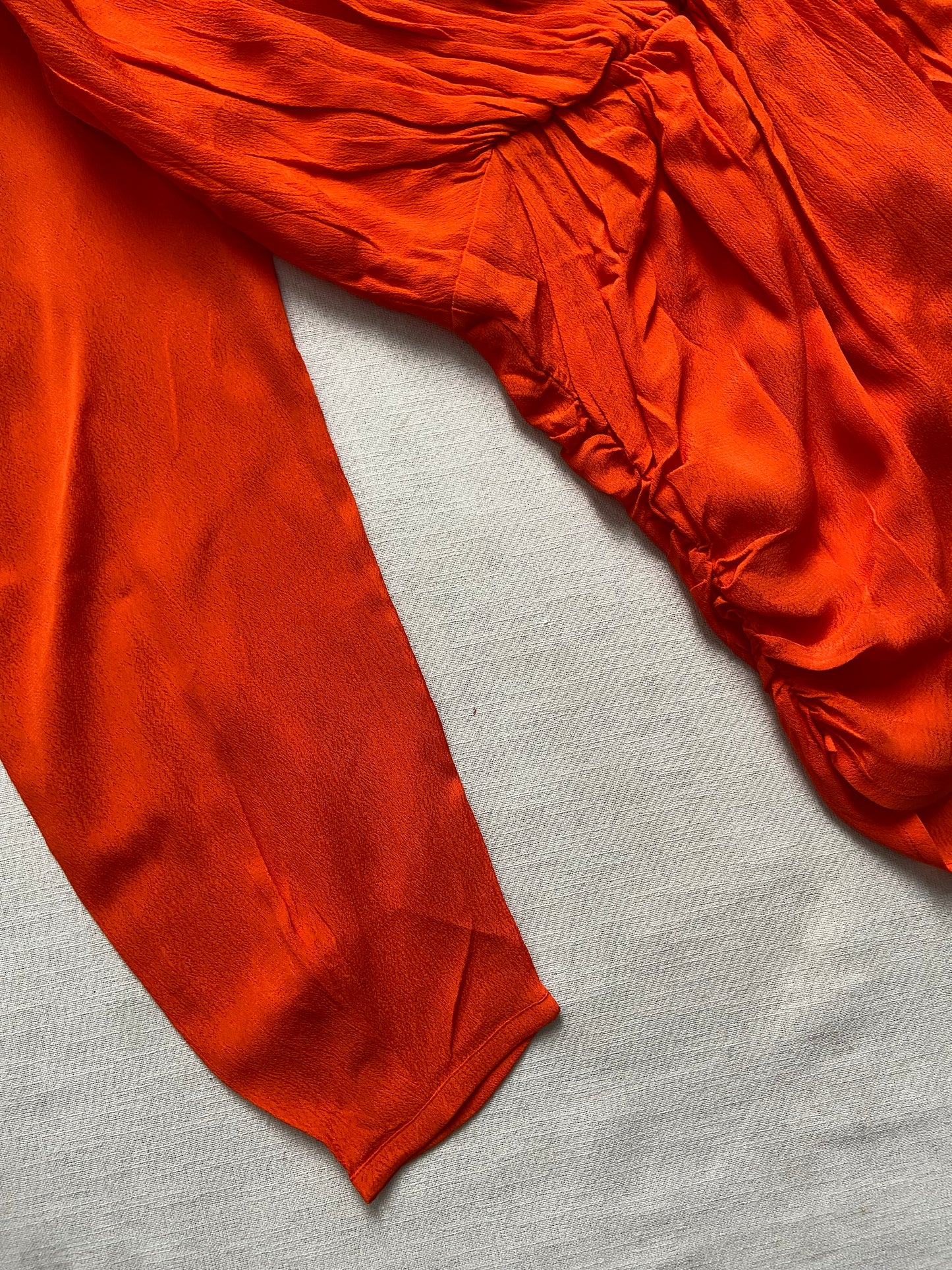Bright Orange Draped Satin Blouse with Long Sleeves