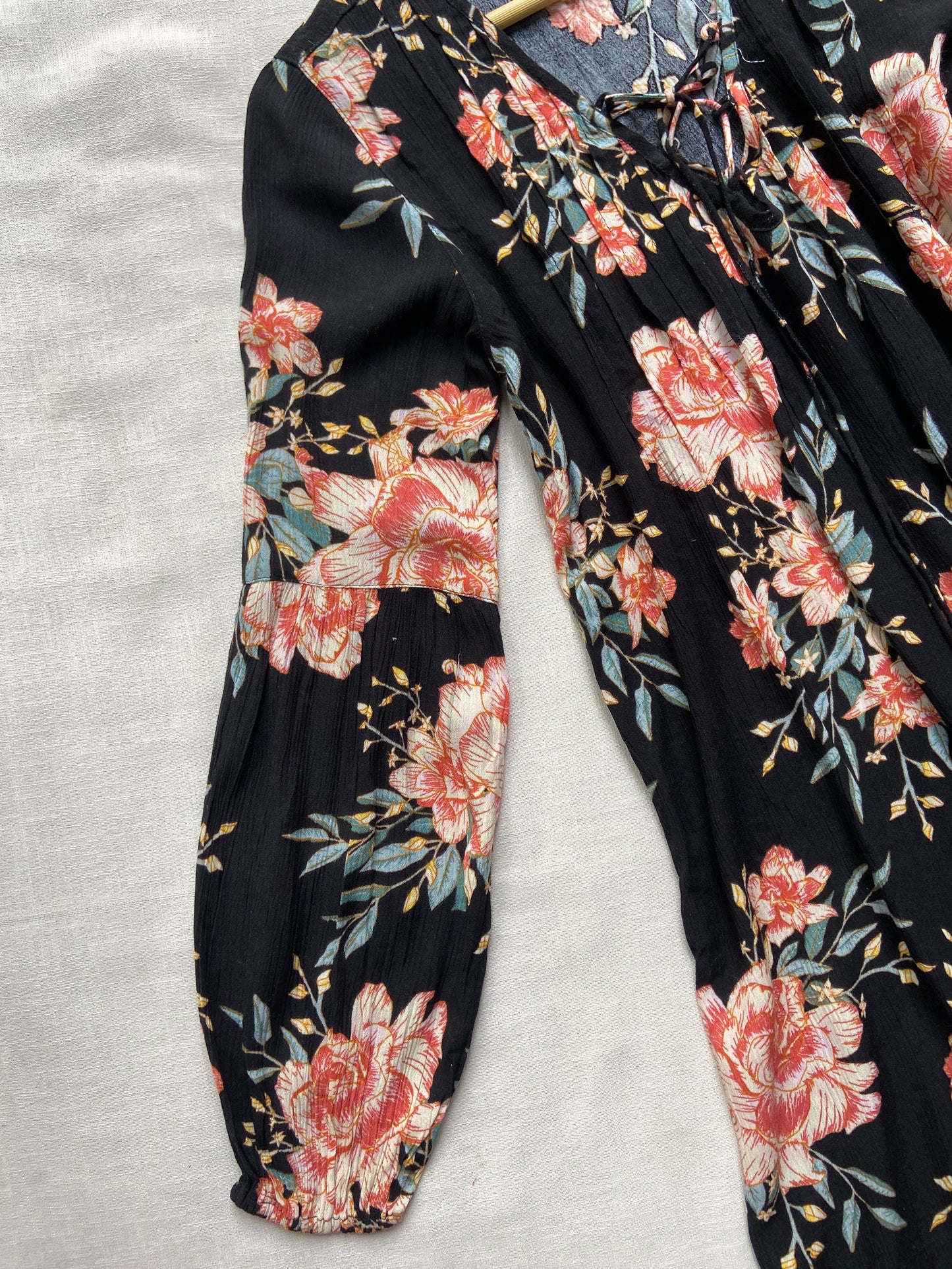 Floral Print Black A-Line Dress with Long Sleeves