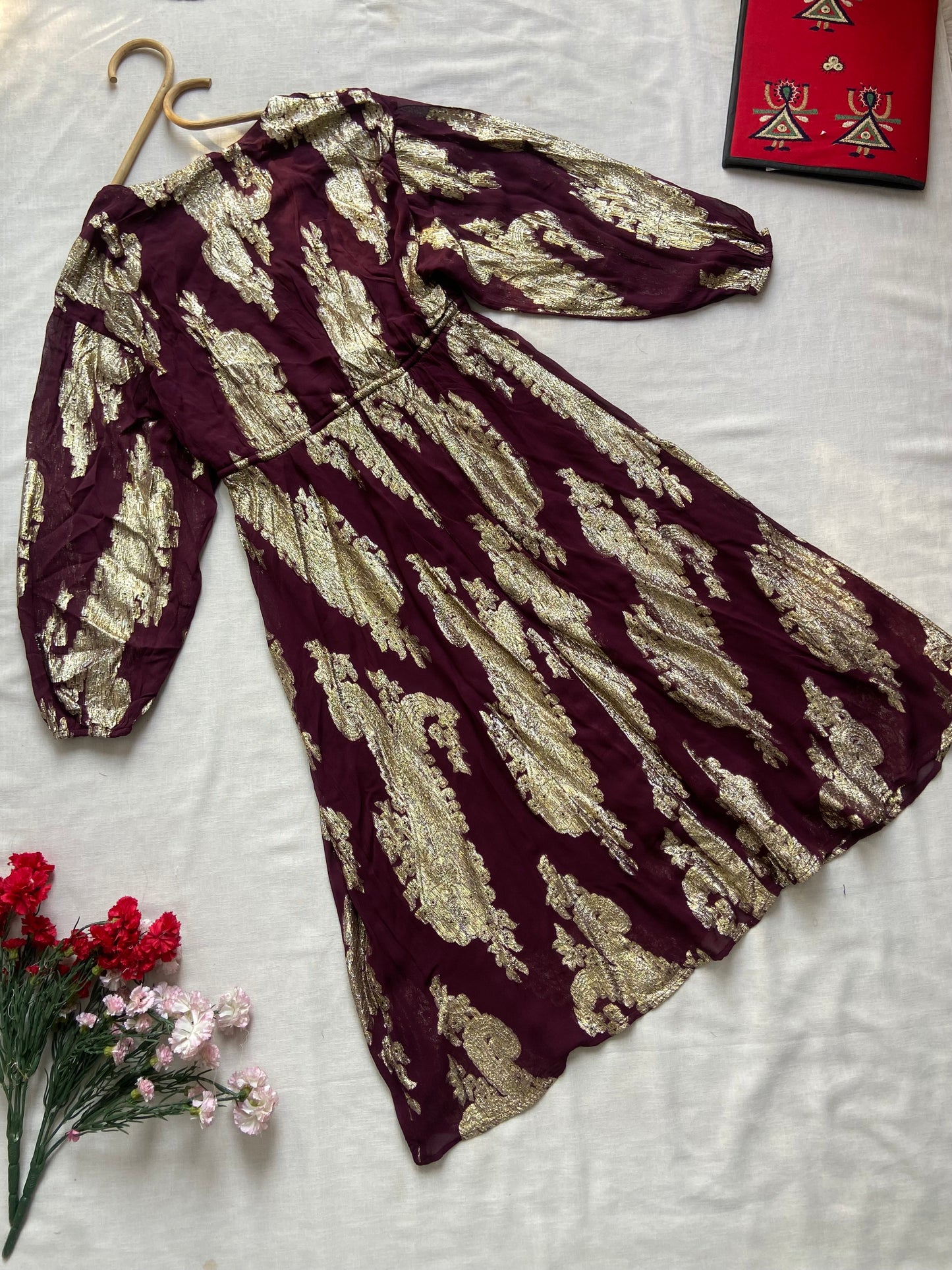 Maroon & Gold Foil Print Flared Dress