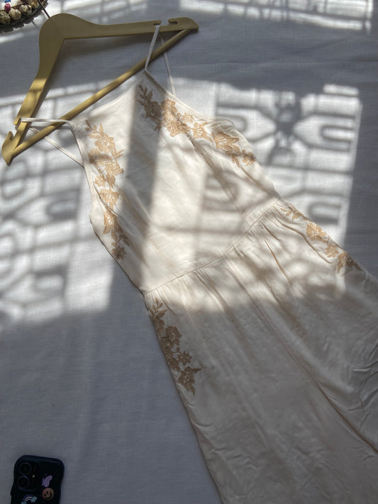 Elegant Beige Embroidered Spaghetti Strap Dress