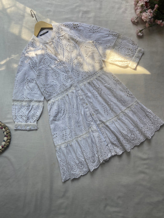 White Cotton Eyelet Embroidered Dress