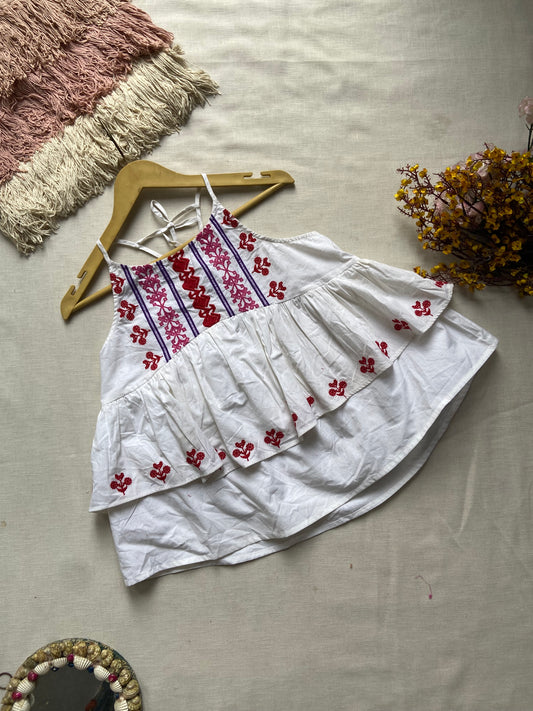 White Sleeveless Tiered Top with Red Embroidery
