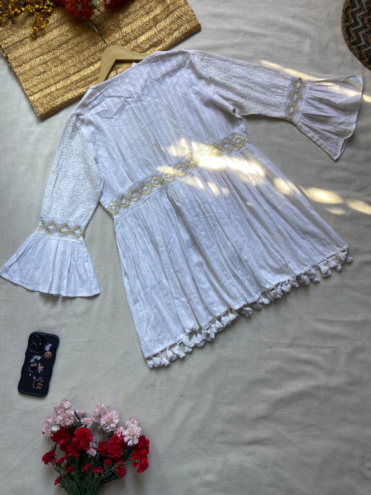 Elegant White Embroidered Boho Tunic with Tassels