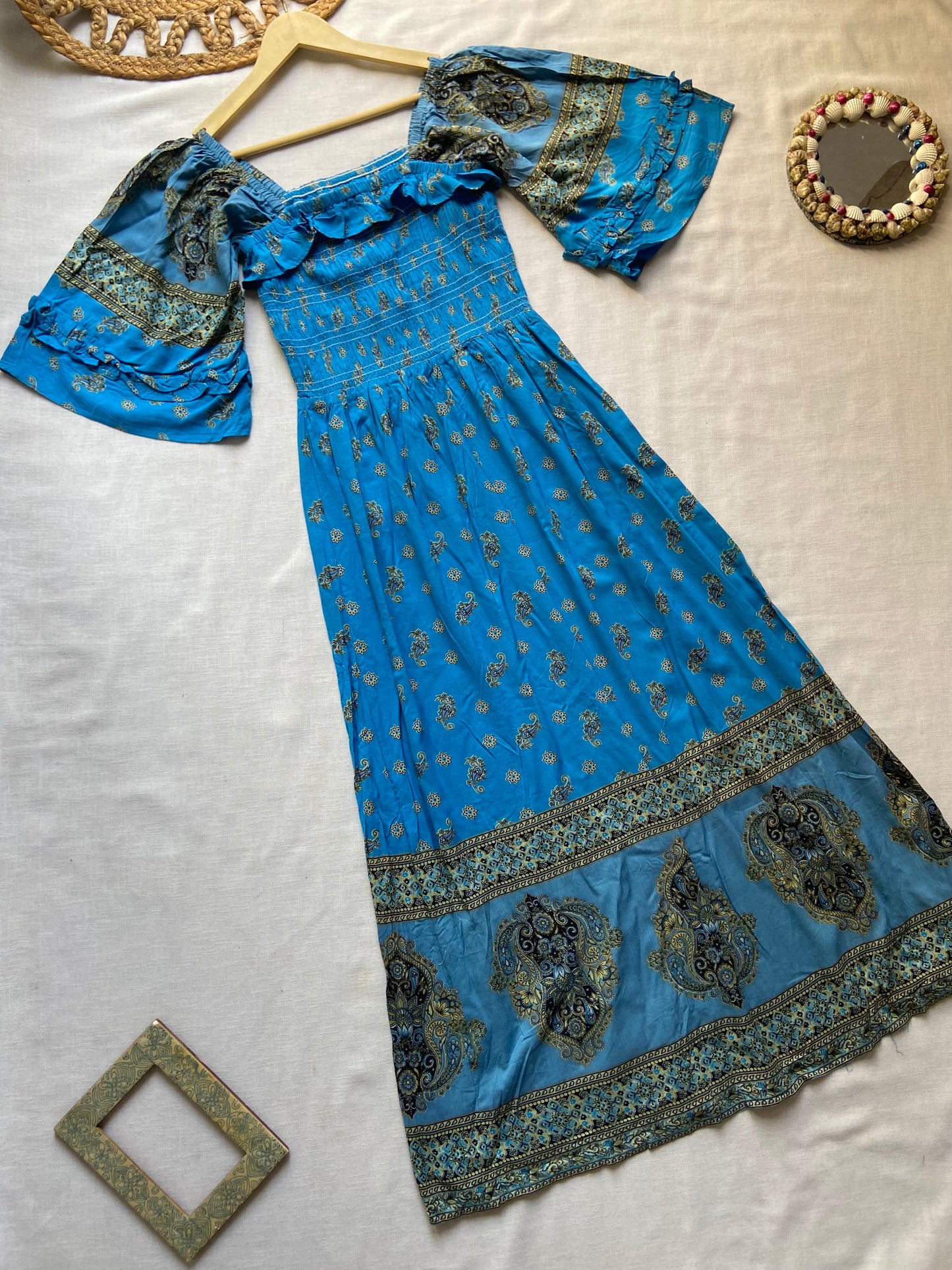 Bohemian Blue Printed Off-Shoulder Maxi Dress