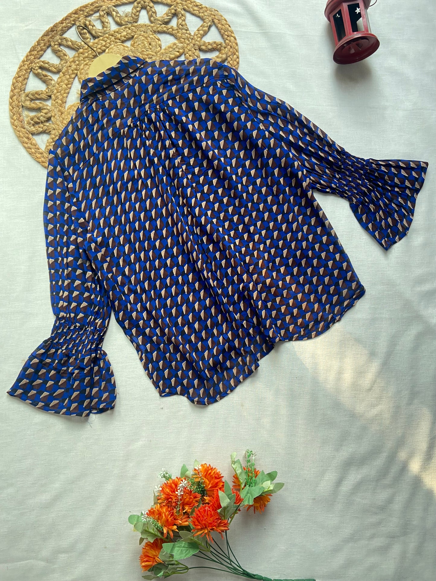 Women’s Navy Blue Geometric Print Flared Sleeve Top