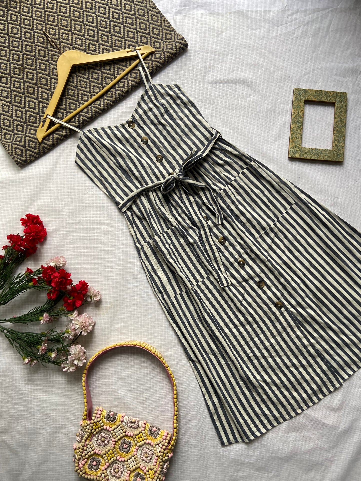 Striped Button-Down Midi Dress with Waist Tie