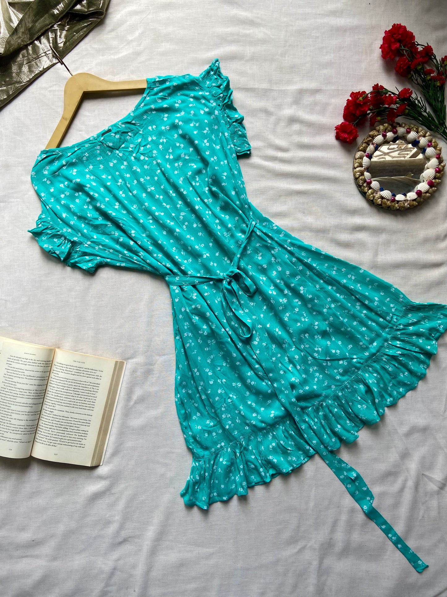 Teal Floral Ruffle Wrap Dress