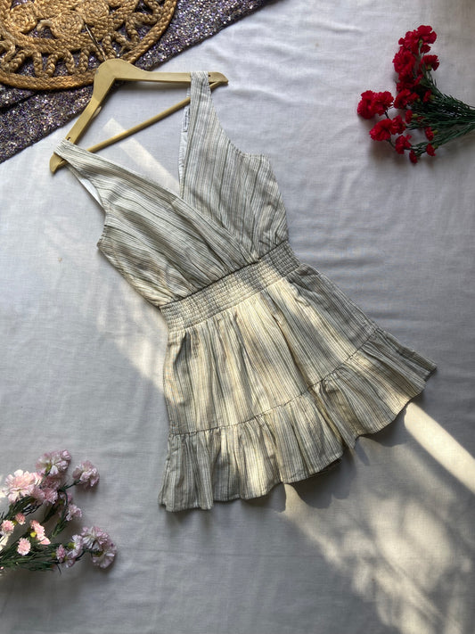 Striped Sleeveless Mini Dress – Beige & Grey