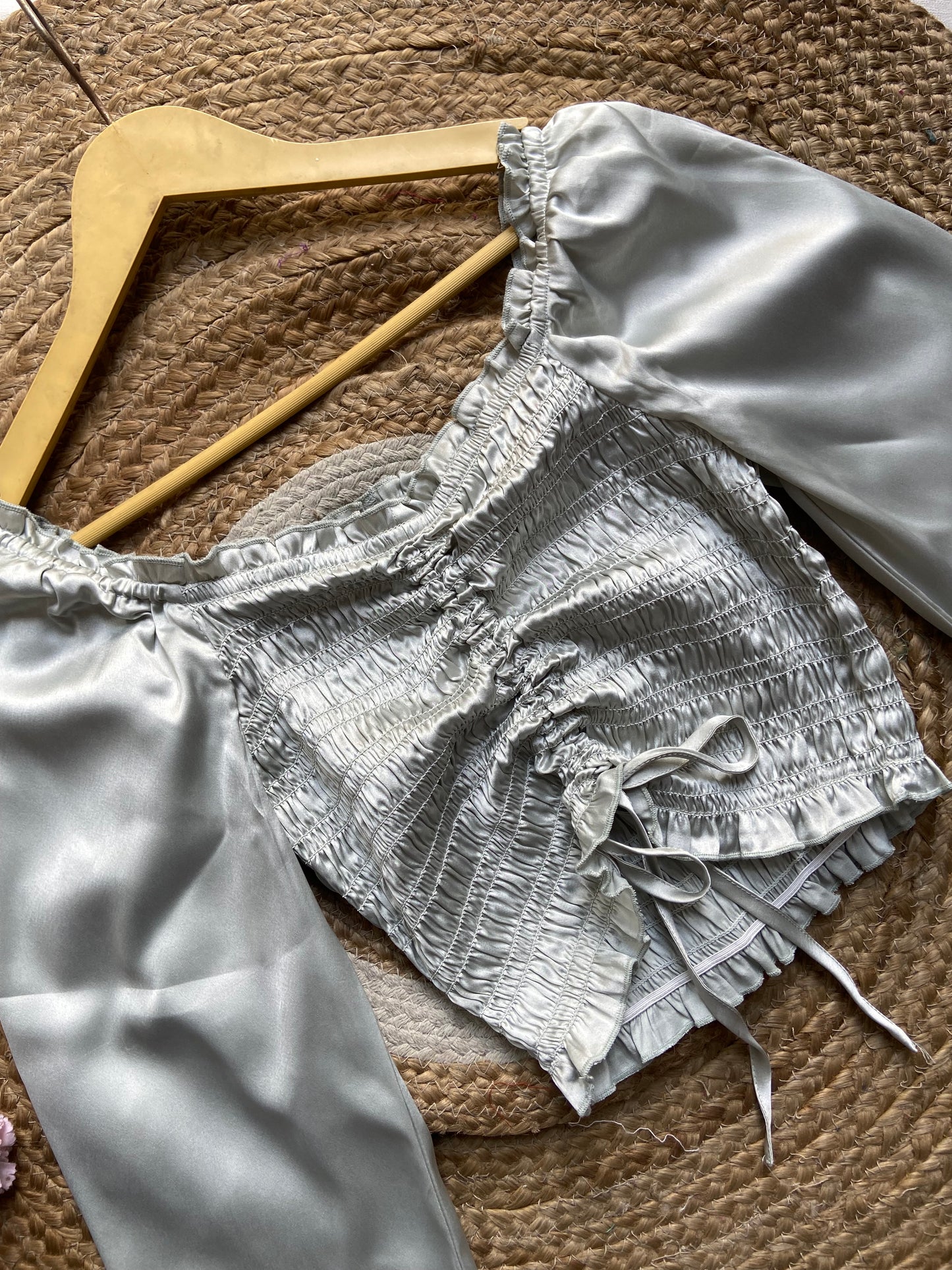 Satin Puff Sleeve Smocked Crop Top