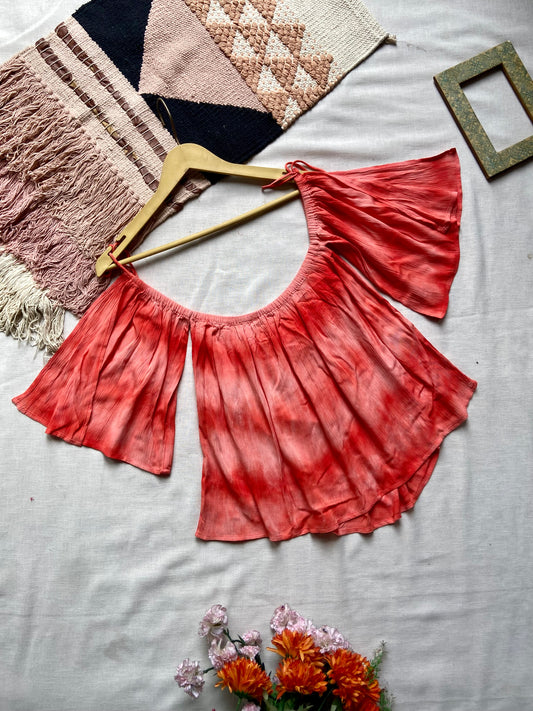 Red Tie-Dye Off-Shoulder Flared Top