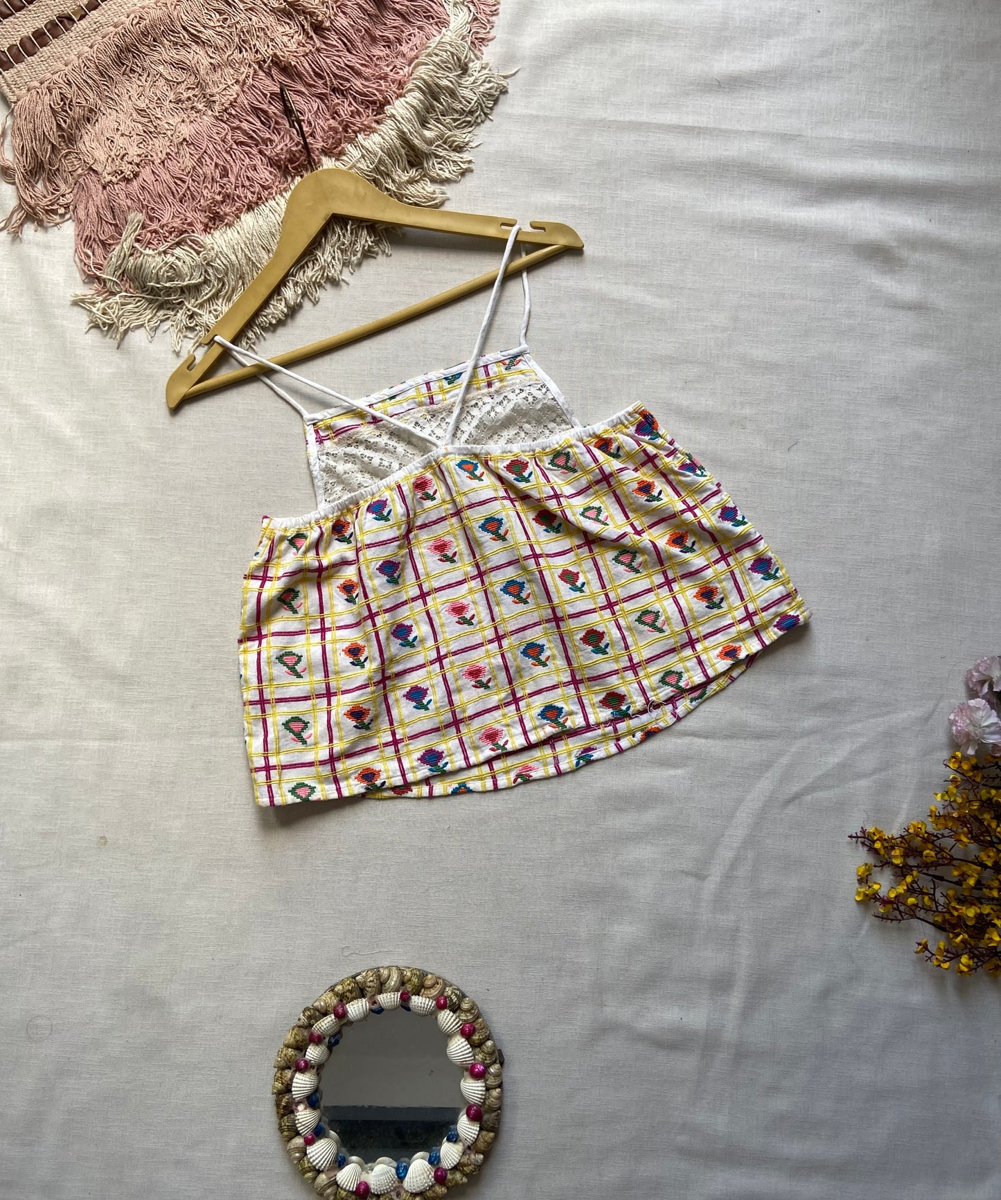 Embroidered Sleeveless Cotton Crop Top with Lace Detailing