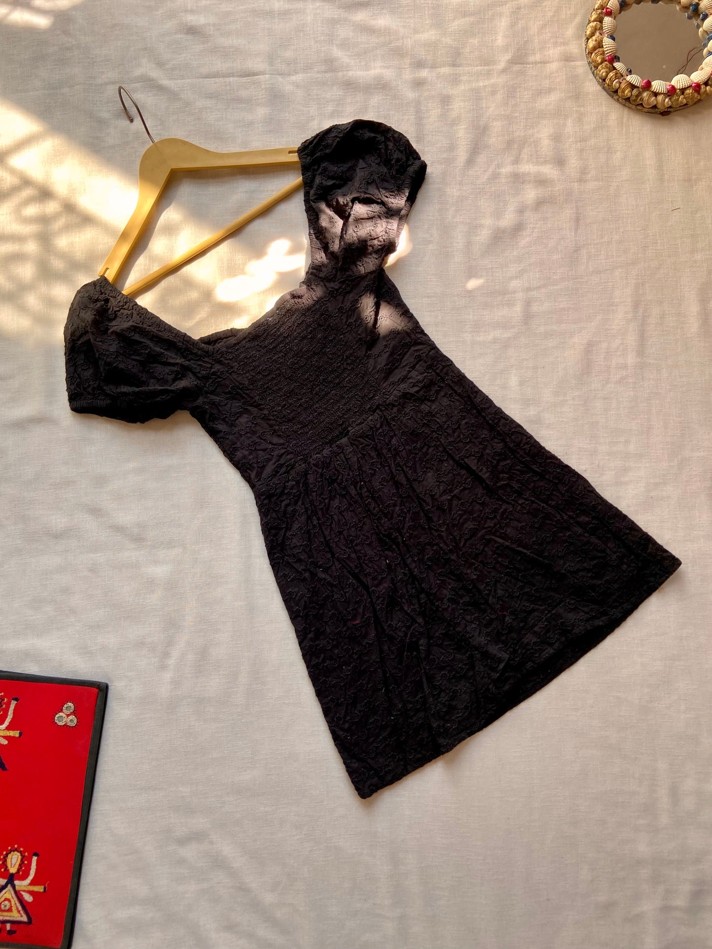 Black Lace Puff Sleeve Mini Dress