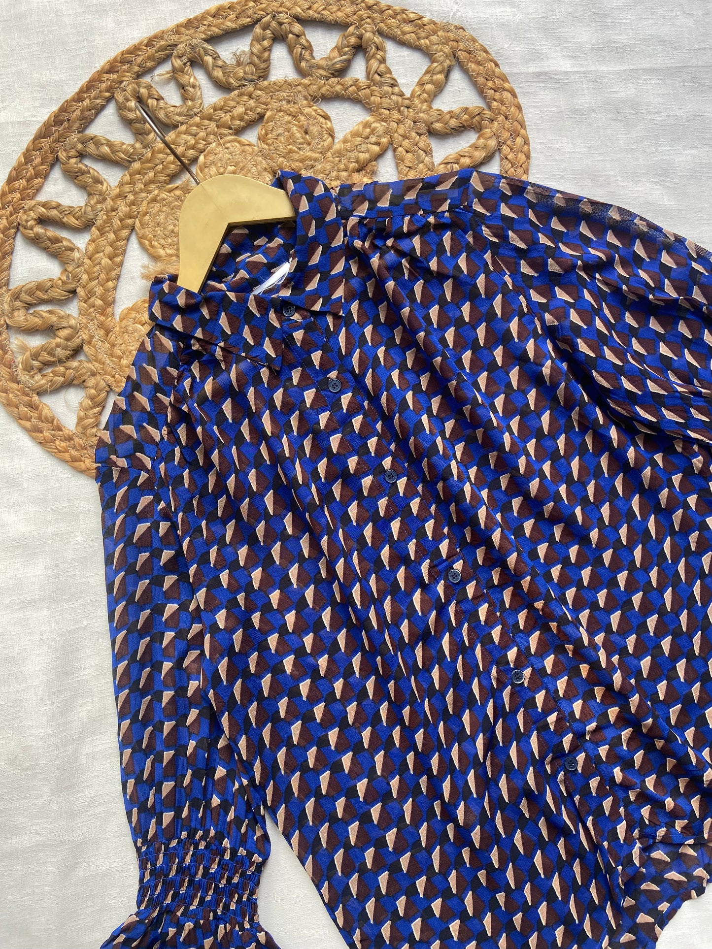 Women’s Navy Blue Geometric Print Flared Sleeve Top