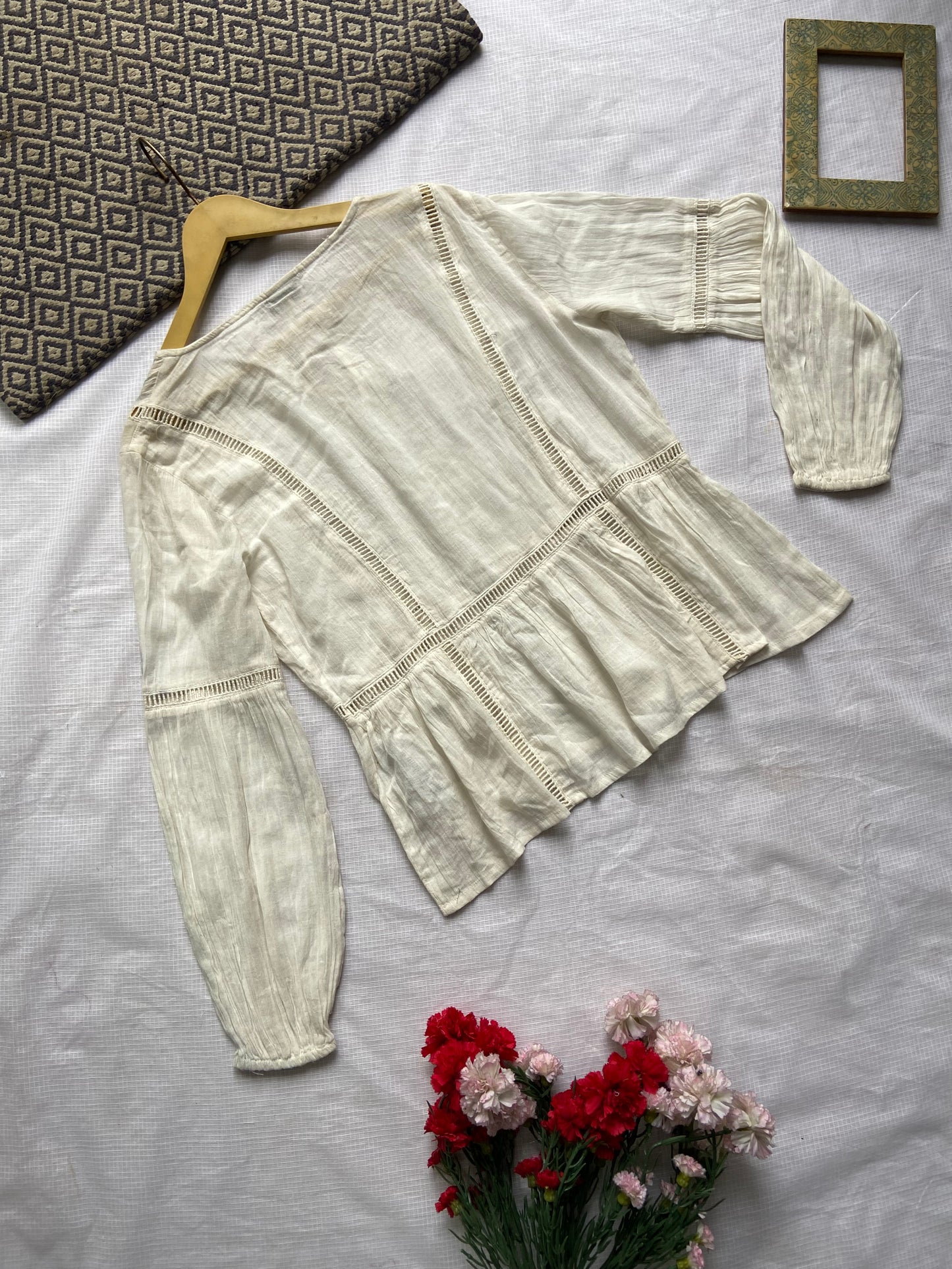 Women's Boho Chic Off-White Cotton Peplum Top with Lace Details