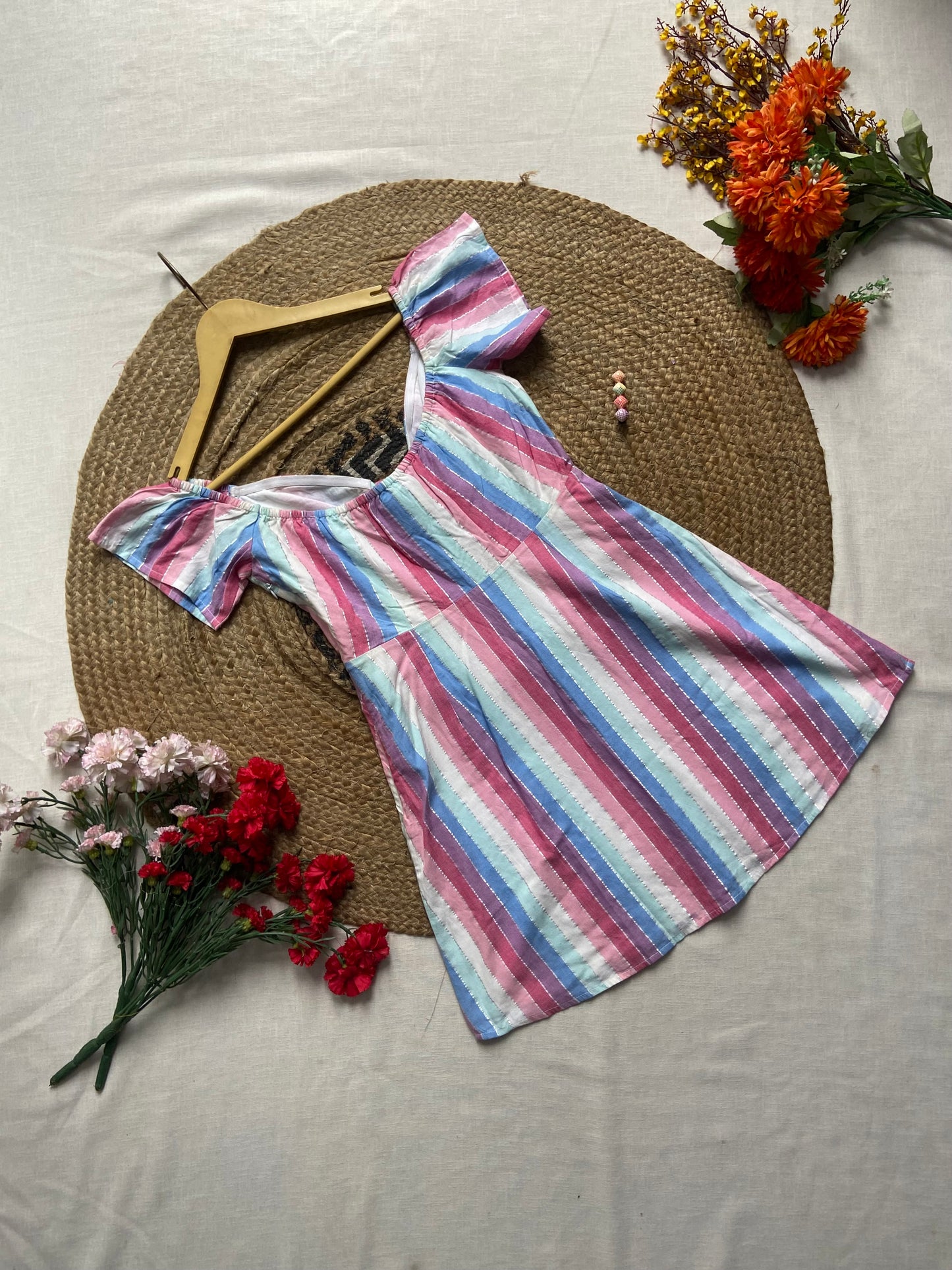 Women's Striped Puff Sleeve Mini Dress with Front Tie – Summer Casual Wear