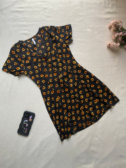 Black Floral V Neck Button Down Mini Dress