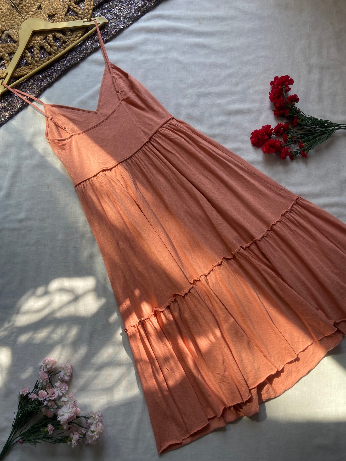 Women's Peach Spaghetti Strap Tiered Maxi Dress