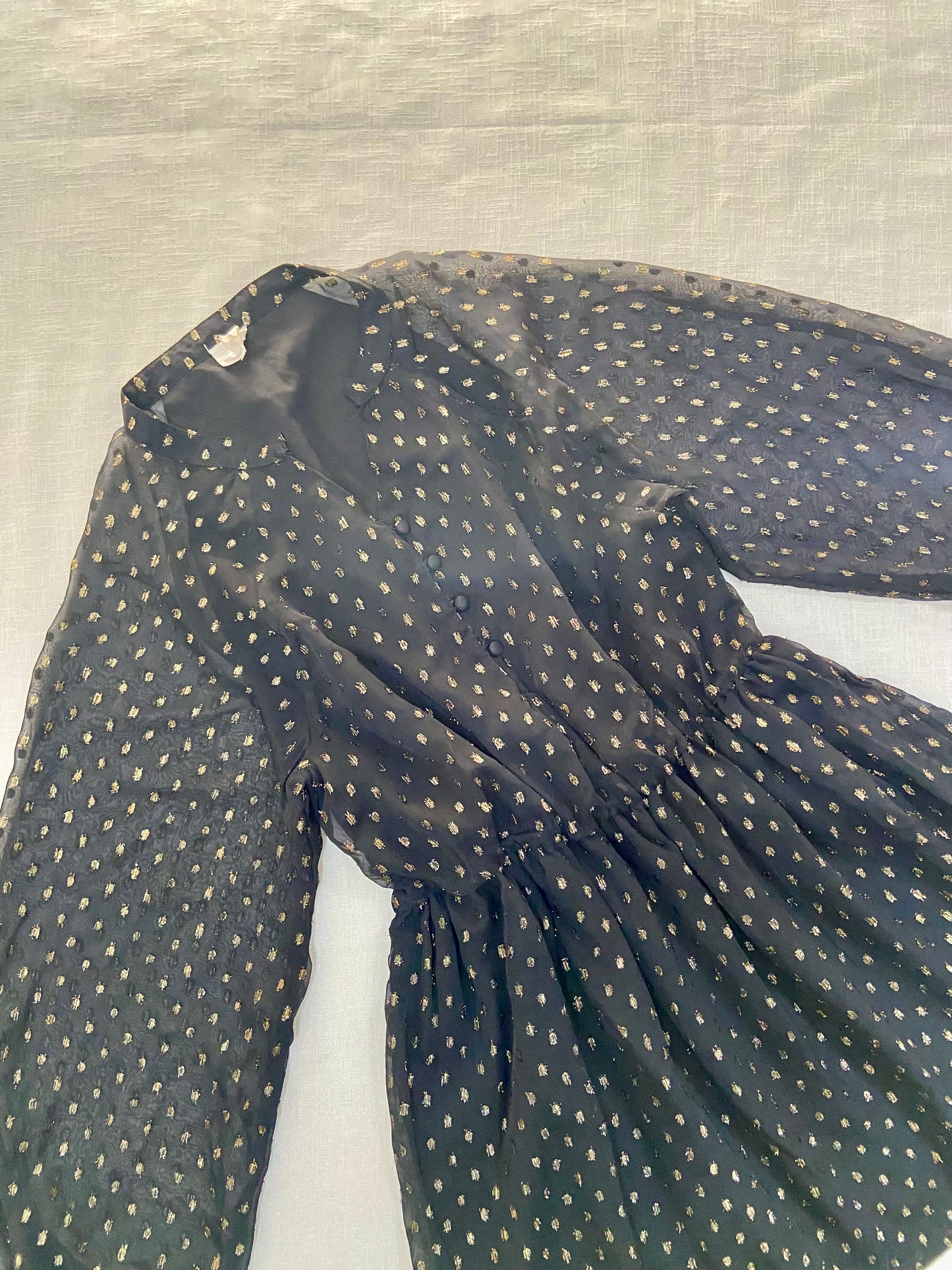 Sheer Black Mini Dress with Gold Print and Puff Sleeves