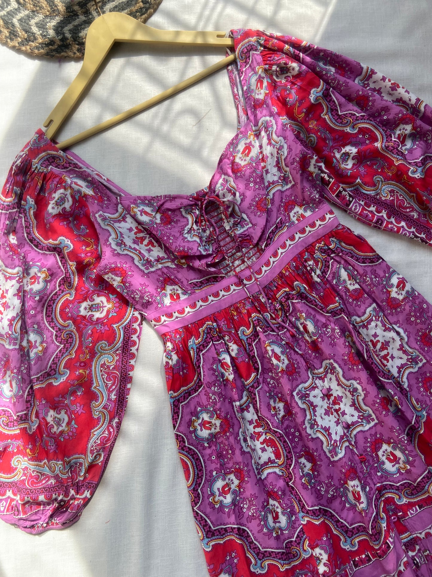 Boho Printed Puff Sleeve Dress – Pink & Red