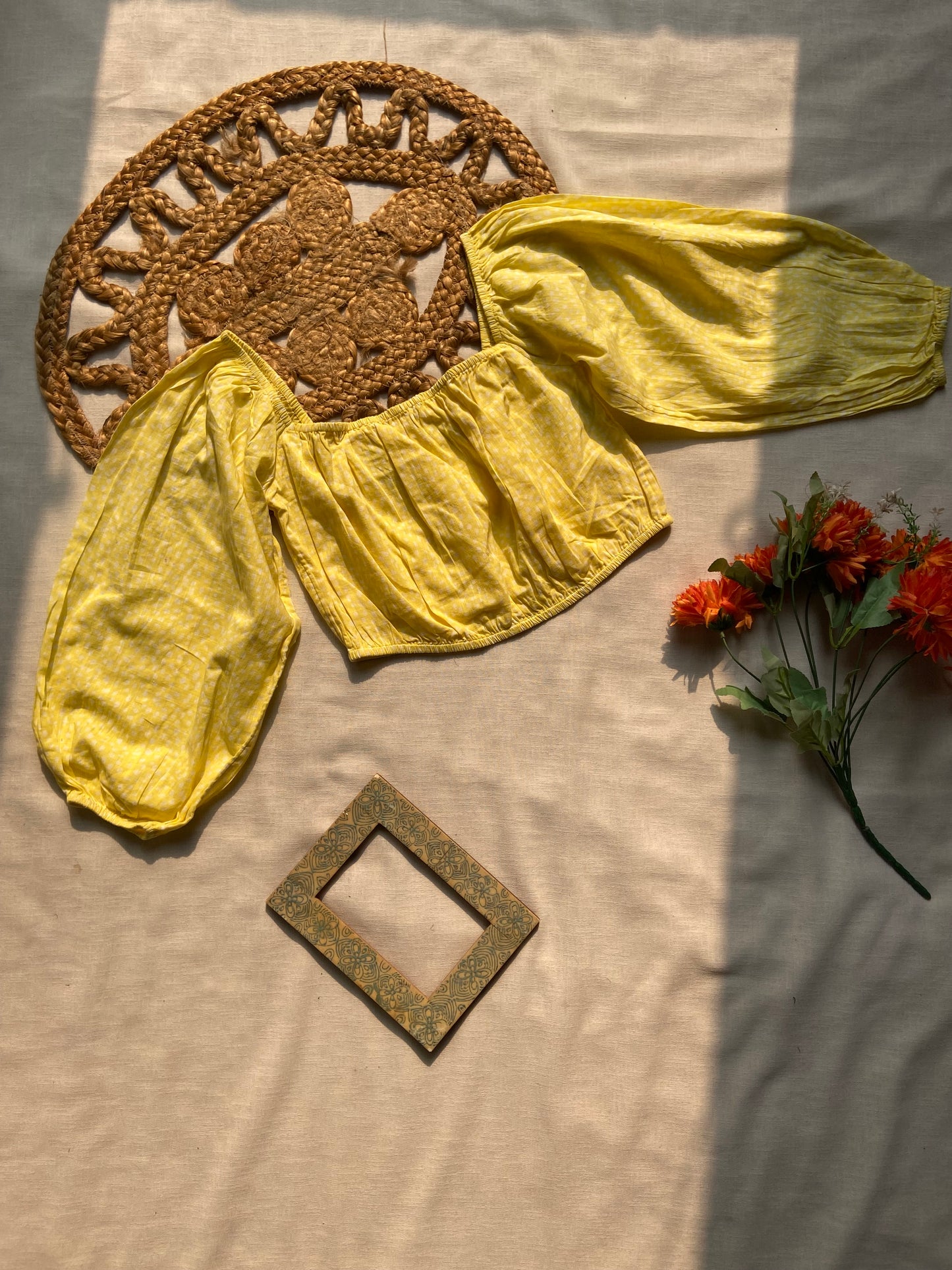 Women’s Yellow Off-Shoulder Crop Top with Balloon Sleeves