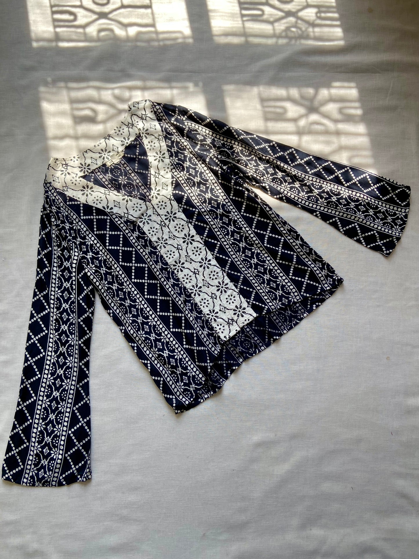 Elegant Navy Blue & White Printed Bell Sleeve Top