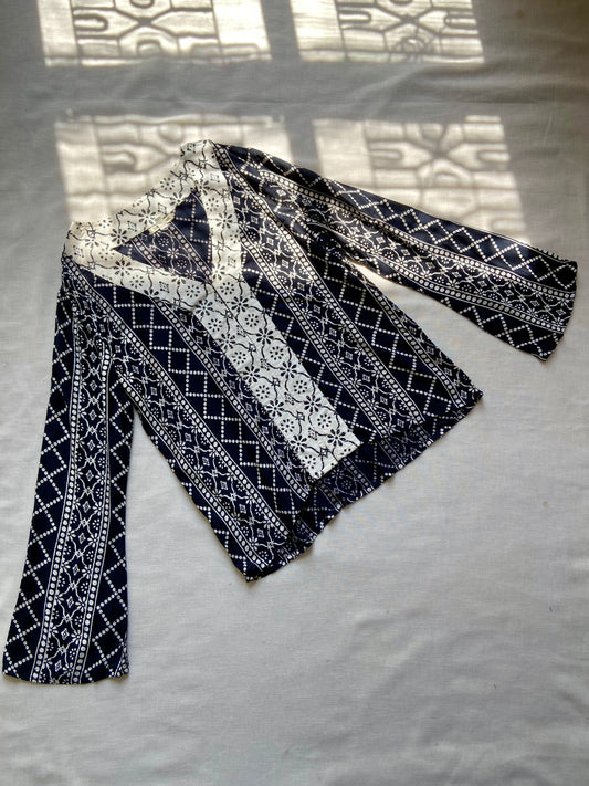 Elegant Navy Blue & White Printed Bell Sleeve Top