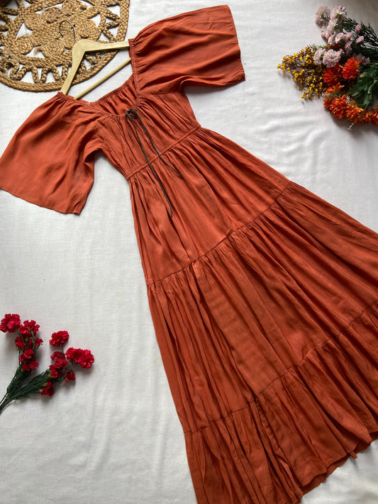 Rust Tiered U Neck Maxi Dress