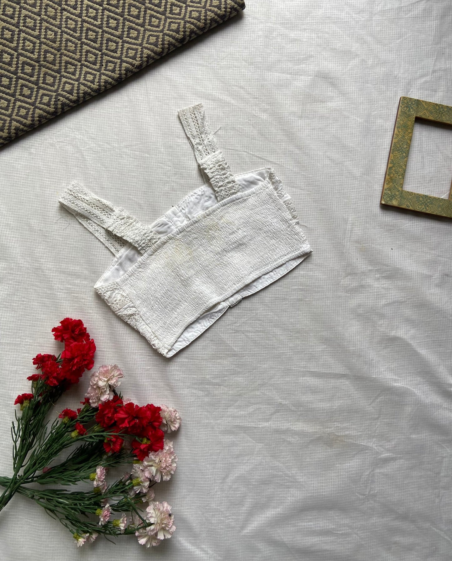 Handcrafted Beaded Floral Mini Bag with White Lace Crop Top