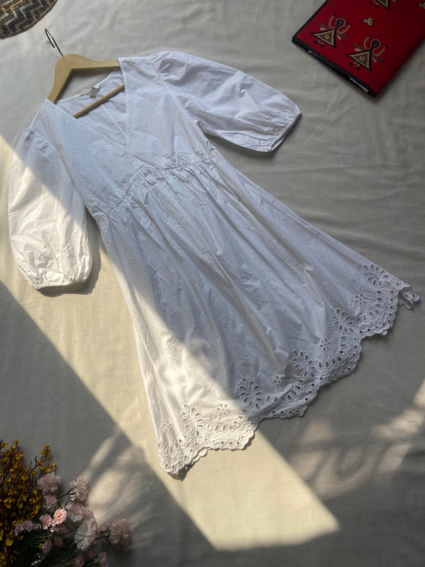 White Embroidered Puff Sleeve Dress