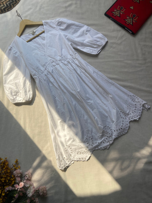 White Embroidered Puff Sleeve Dress