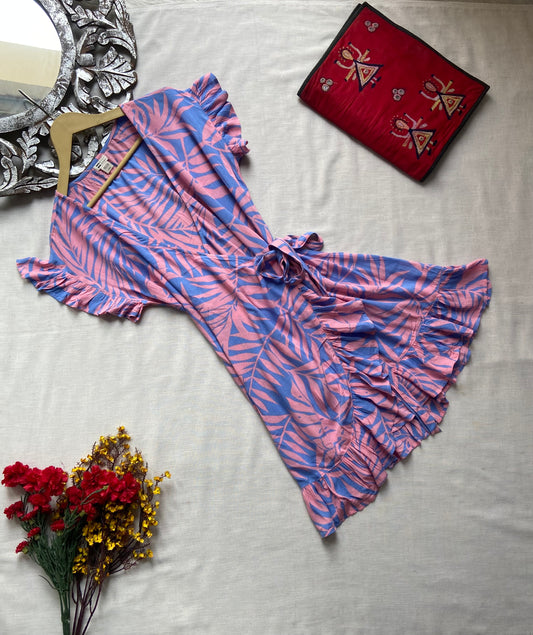 Pink And Blue Floral Wrap Mini Dress