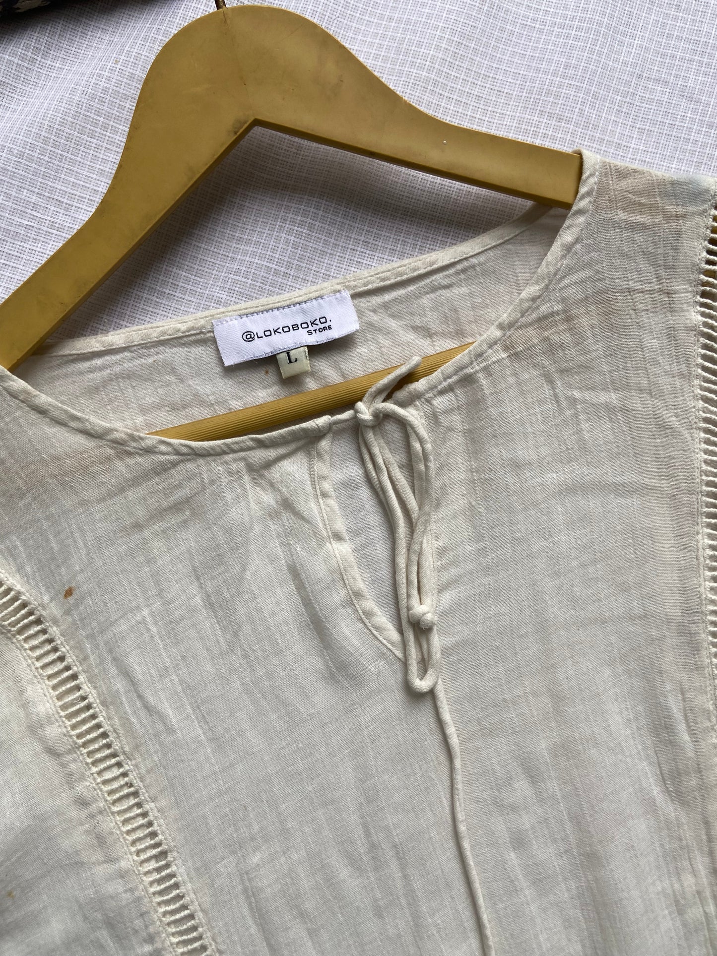 Women's Boho Chic Off-White Cotton Peplum Top with Lace Details