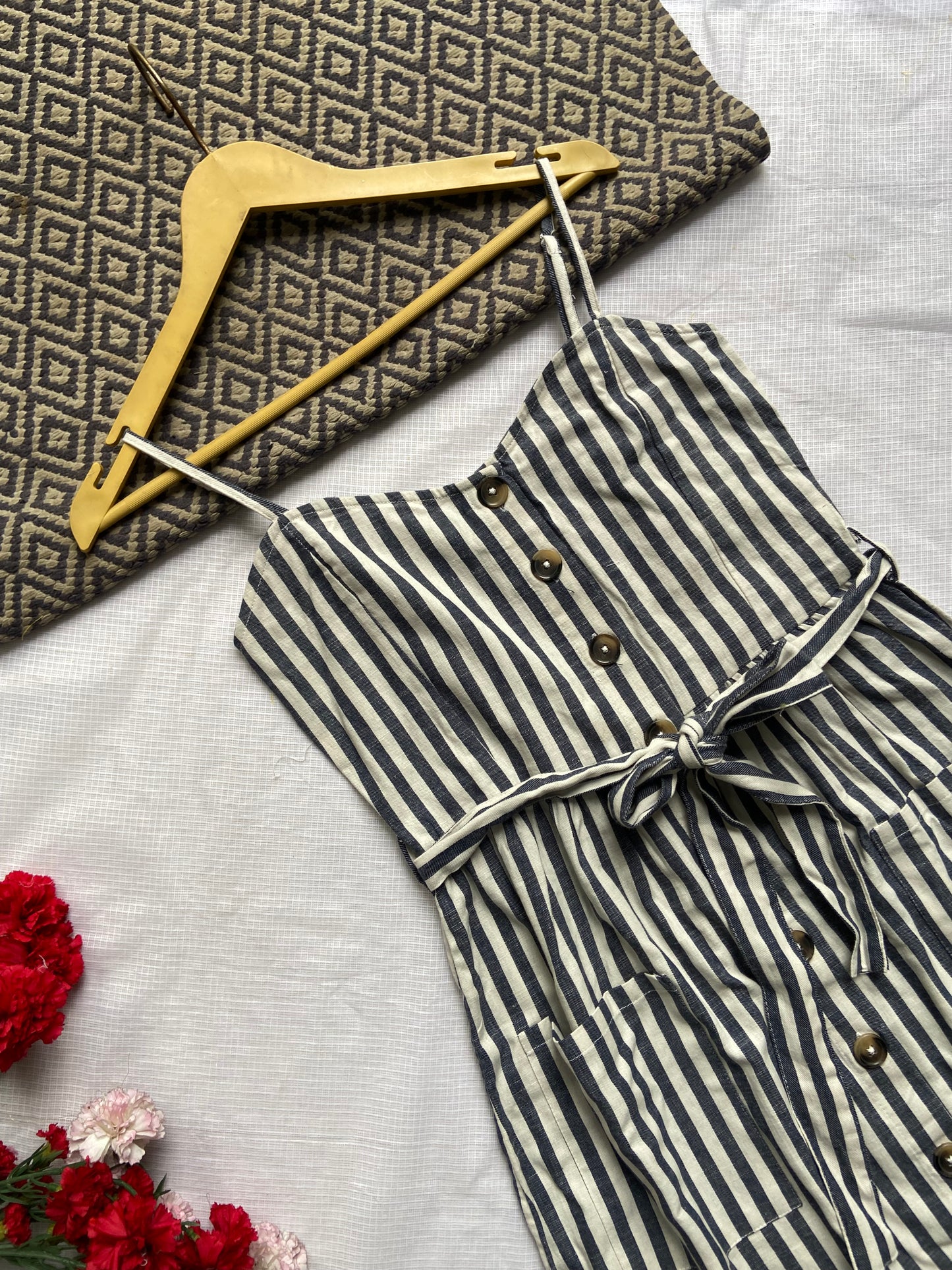 Striped Button-Down Midi Dress with Waist Tie