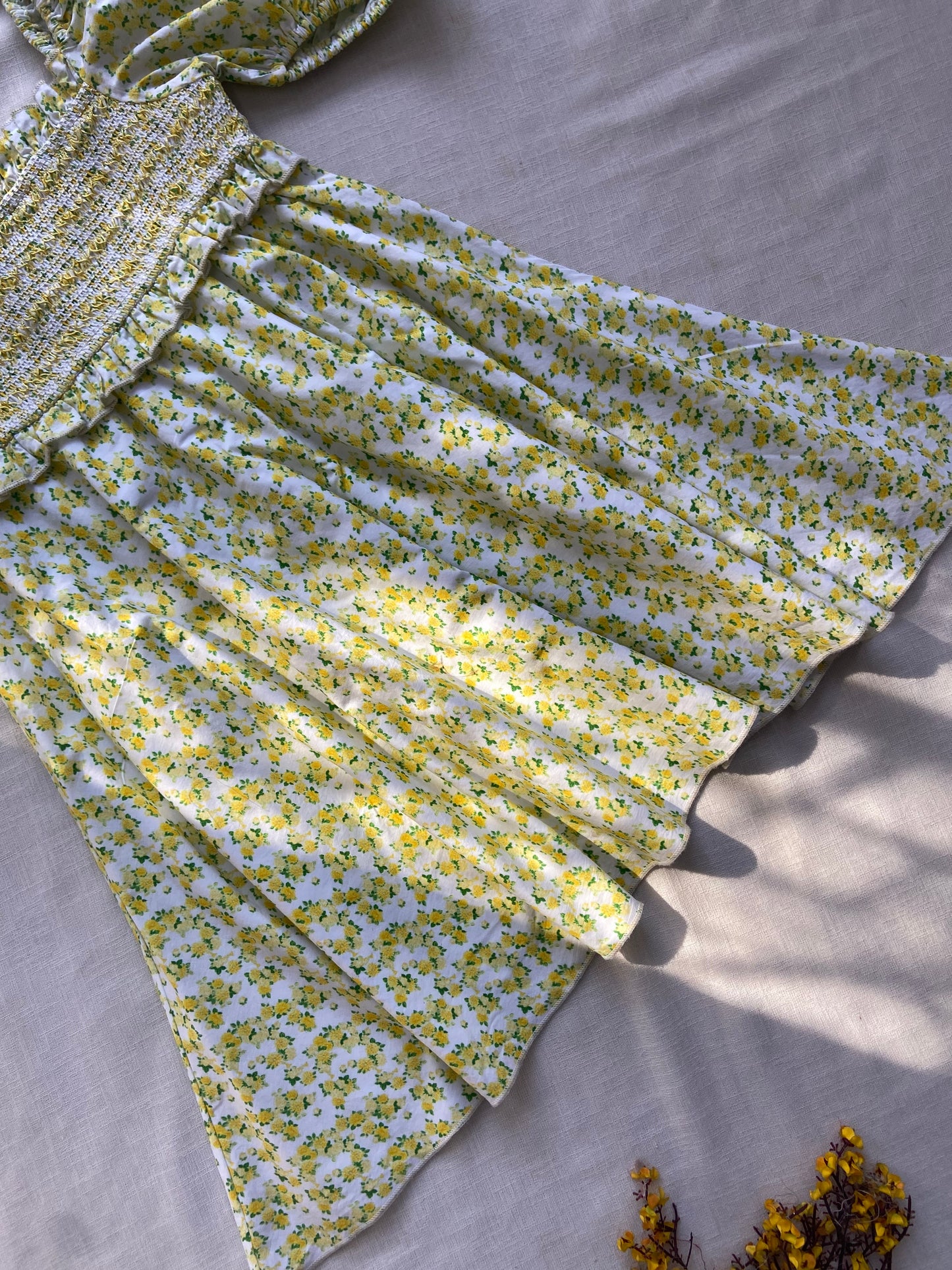 Yellow Floral Puff Sleeve Smocked Mini Dress