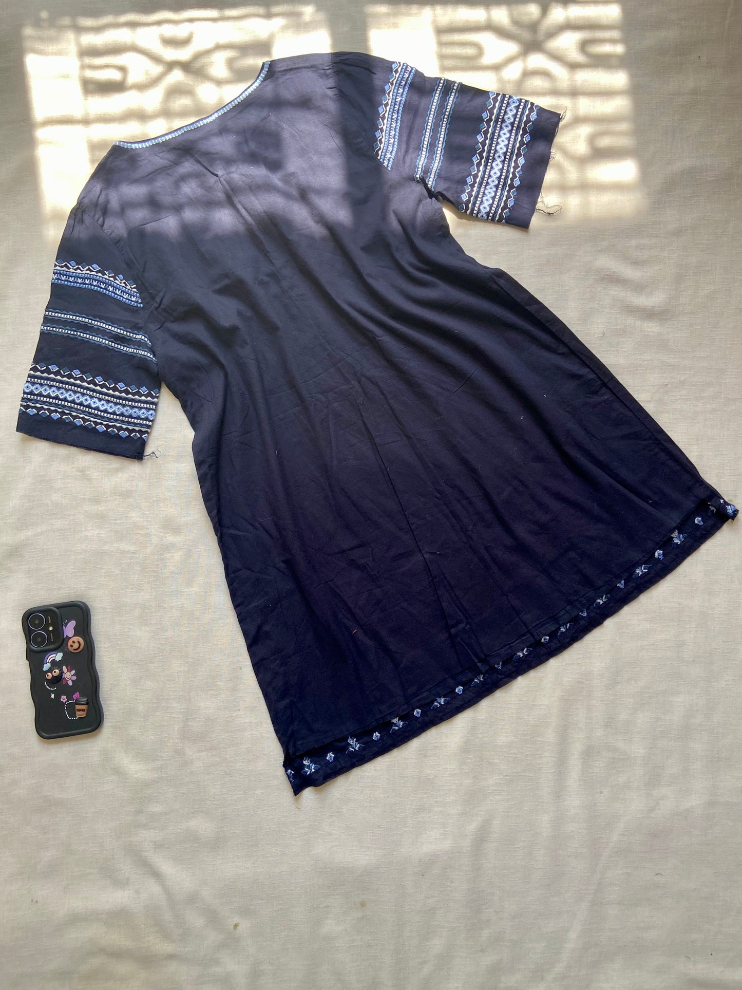 Navy Blue Embroidered Boho Tunic Dress