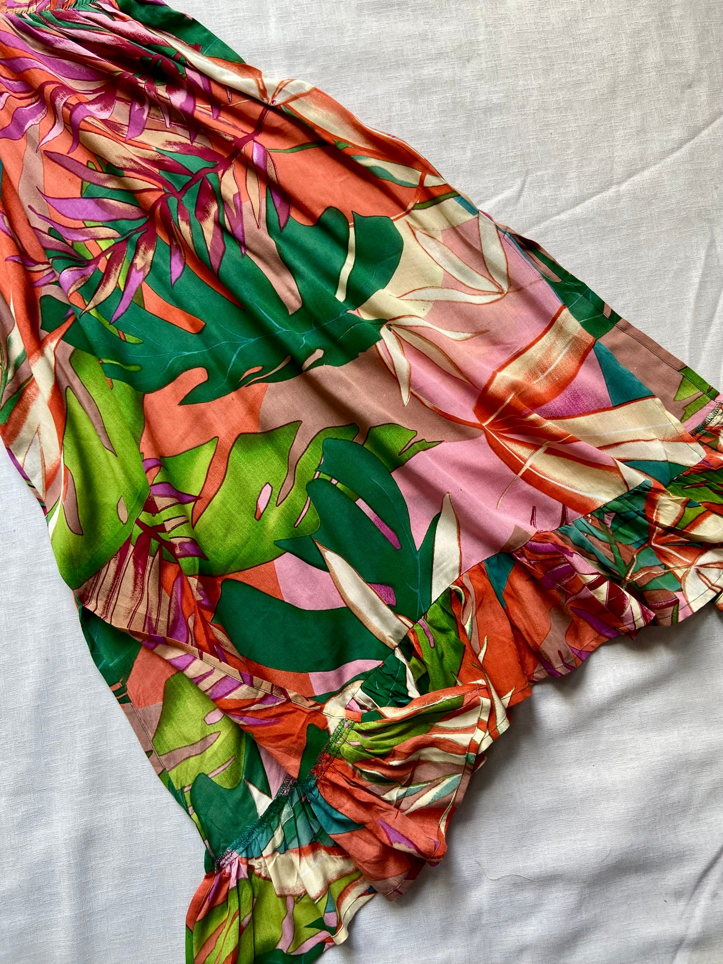 Tropical Print Ruffle Hem Wrap Dress