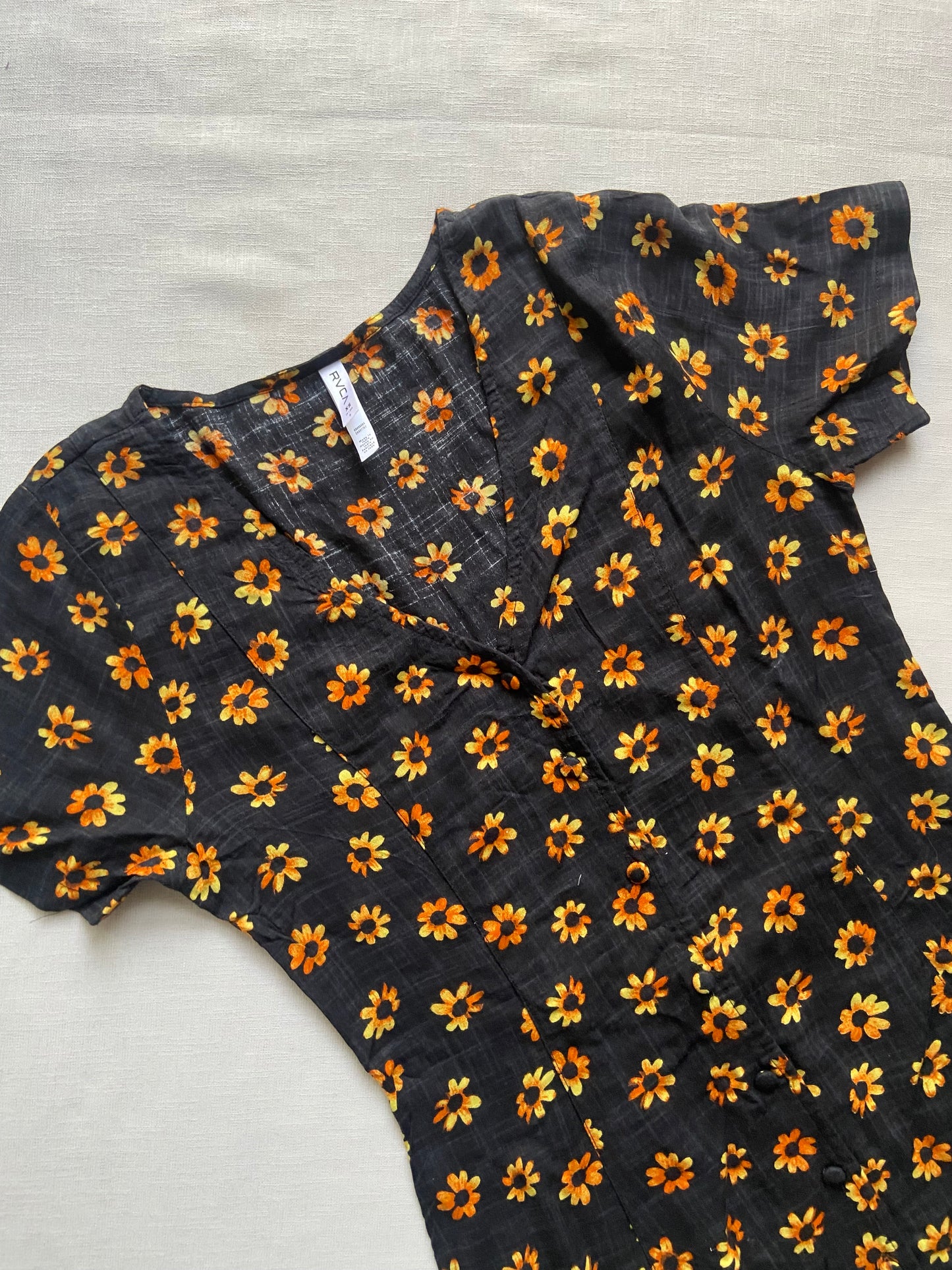 Black Floral V Neck Button Down Mini Dress