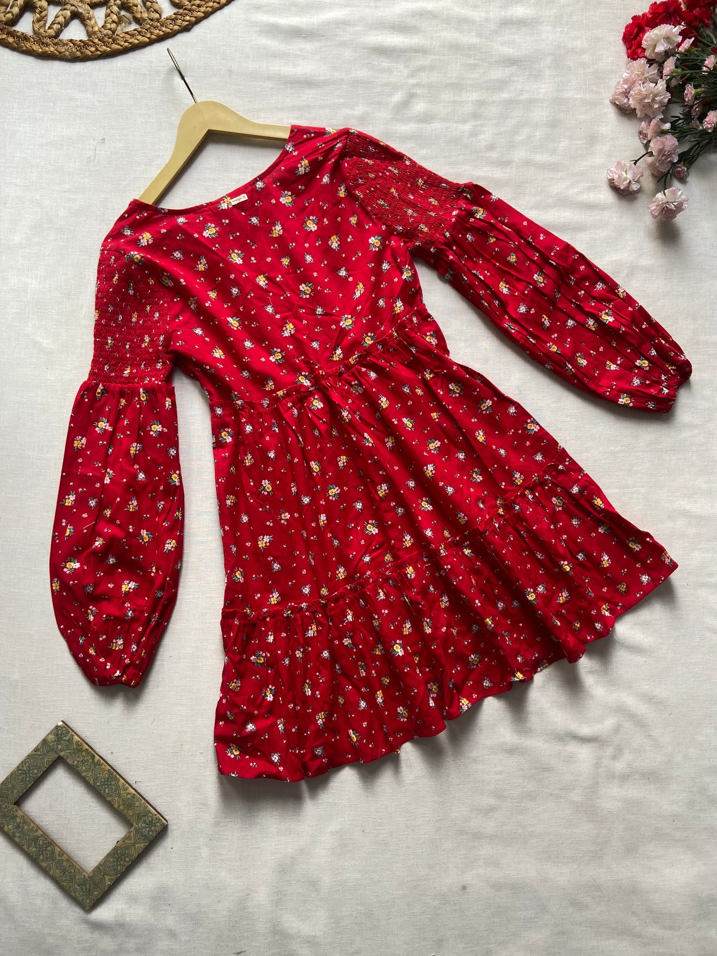 Red Floral V Neck Tiered Midi Dress