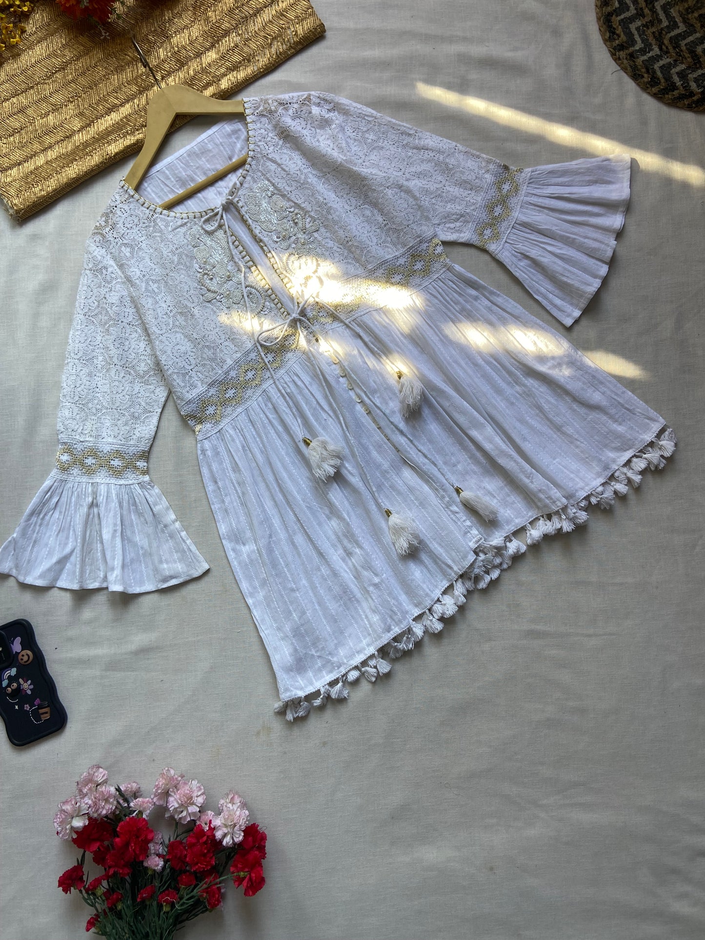 Elegant White Embroidered Boho Tunic with Tassels