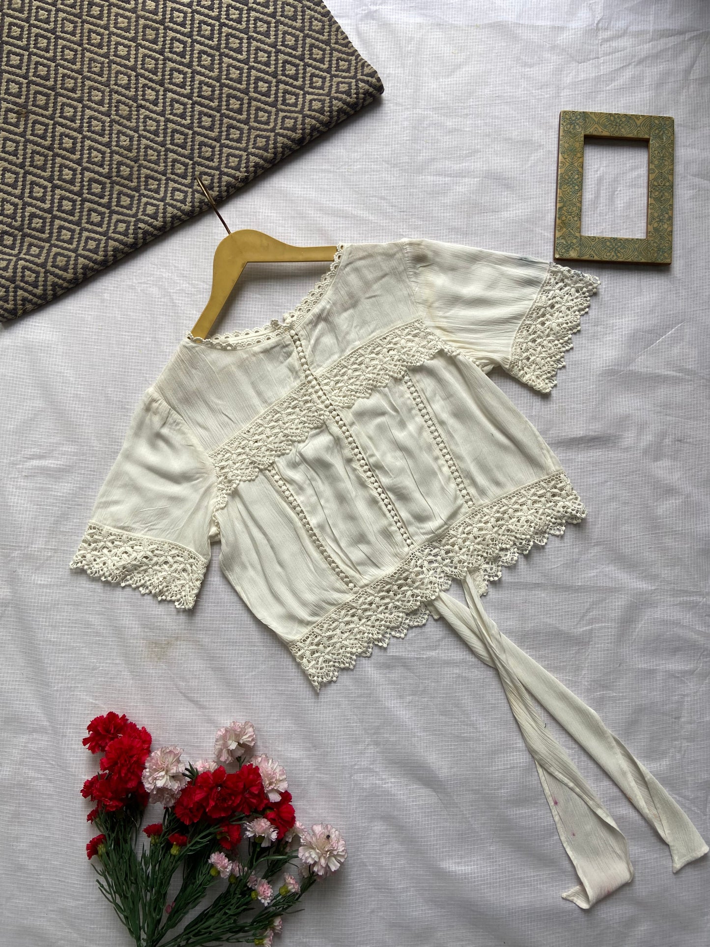 Ivory Boho Lace Trim Crop Top with Tie-Back