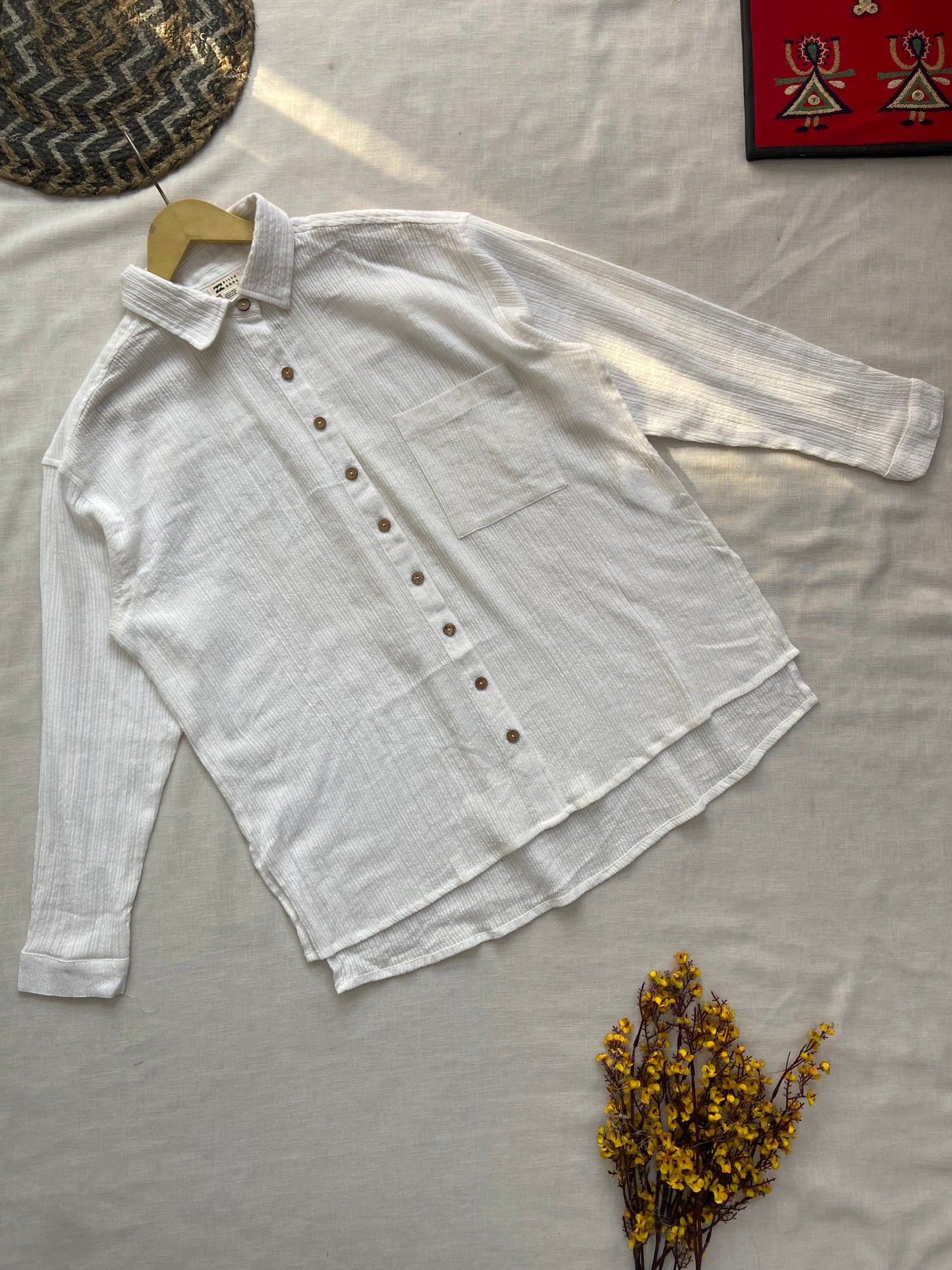 Elegant White Textured Cotton Shirt with Wooden Buttons