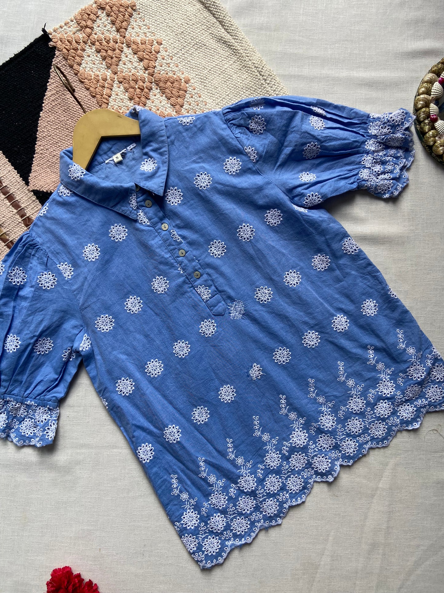 Sky Blue Embroidered Cotton Top with Puff Sleeves