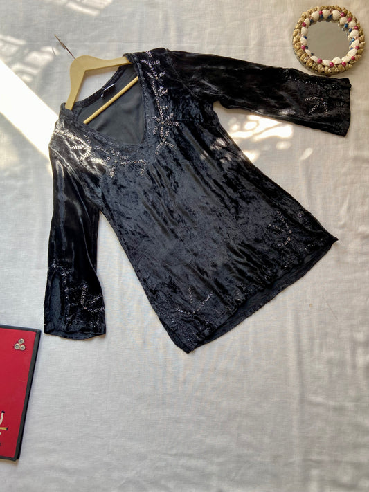 Black Velvet Embroidered V-Neck Top