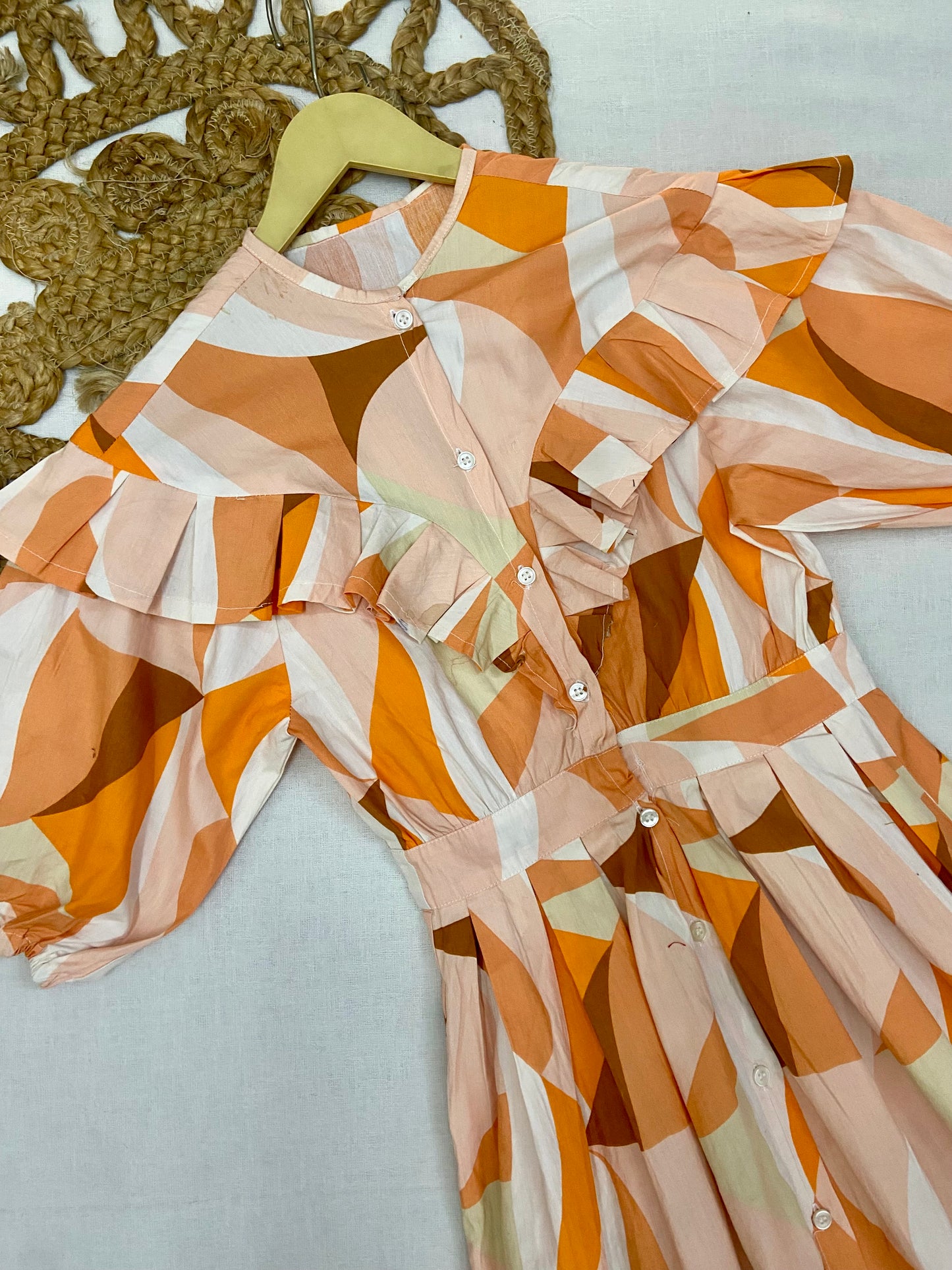 Women’s Multicolor Geometric Print Midi Dress with Ruffle Detail