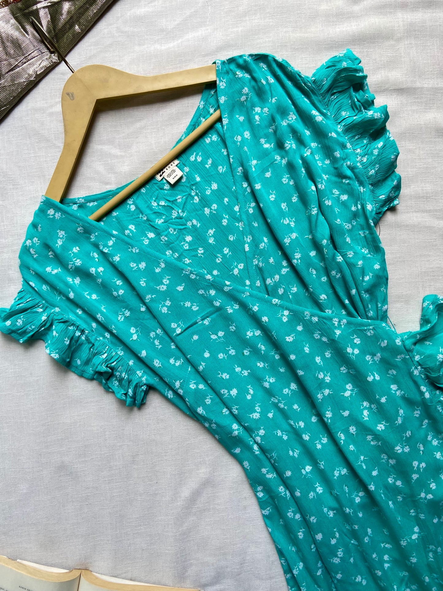 Teal Floral Ruffle Wrap Dress