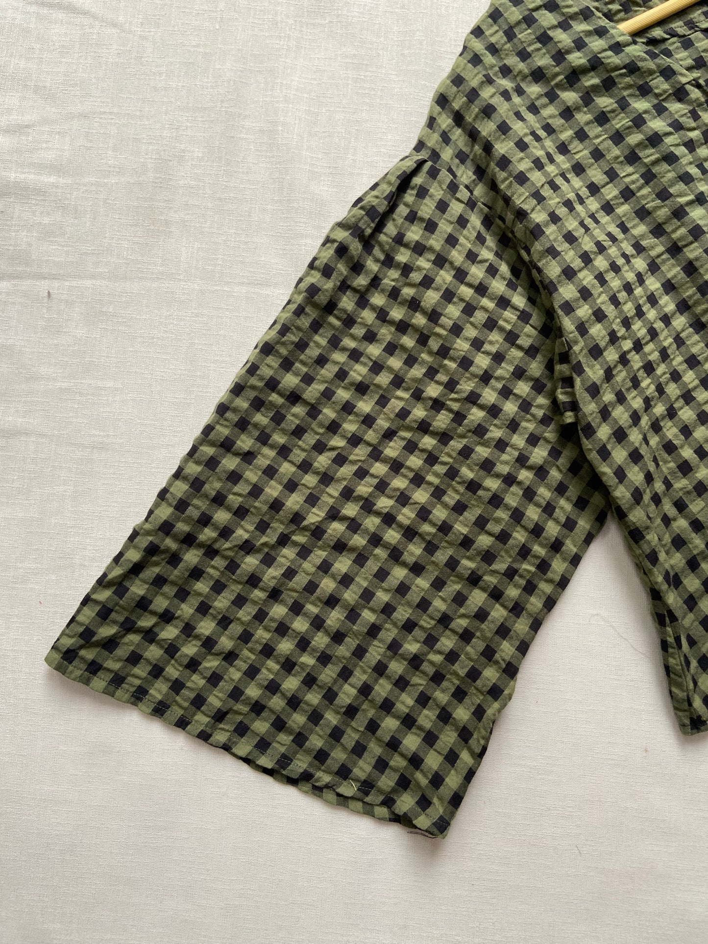 Olive Green Gingham Check Top with Flared Sleeves