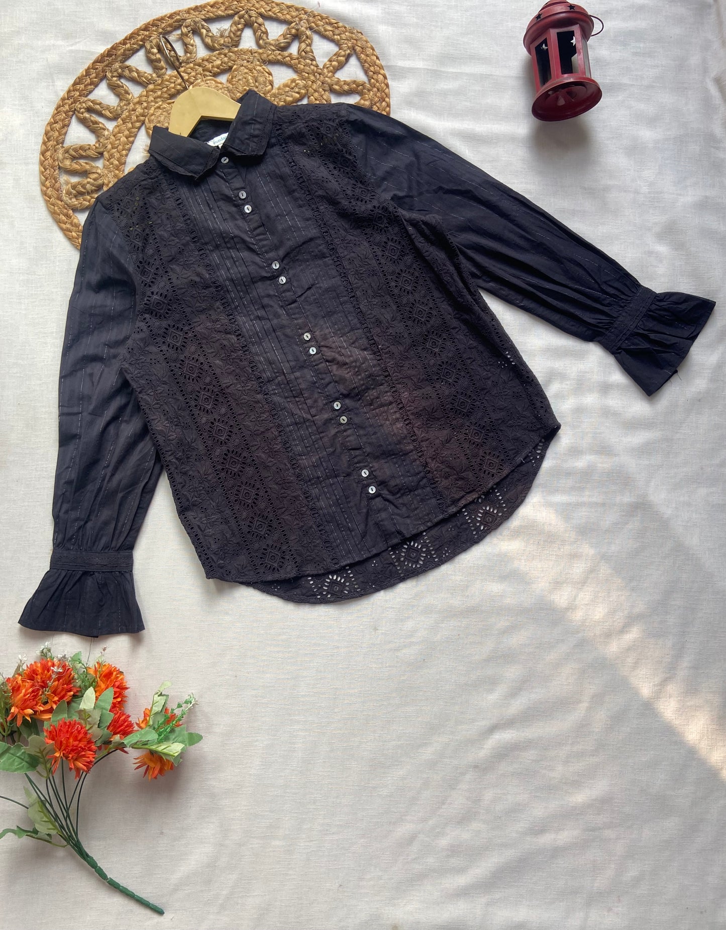 Black Lace Button Down Shirt for Women